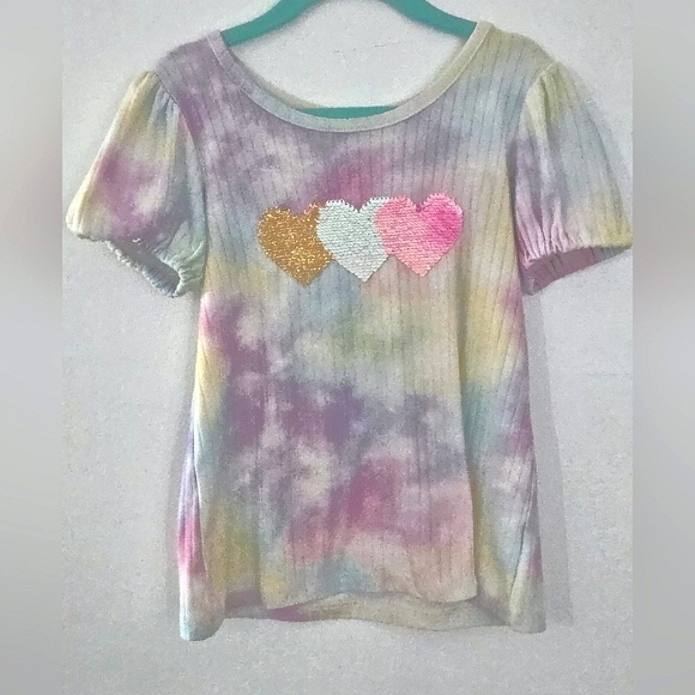 Btween Girls Pastel Tie Dye Flip Sequin Heart Puff Sleeve Ribbed Top Size‎ 6